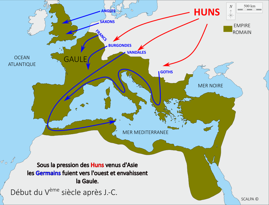 Carte de l'Europe sous la pression des Huns
